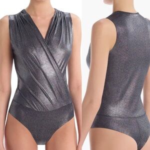 Commando Sparkle Faux Wrap Bodysuit Gunmetal Shimmer Size Medium